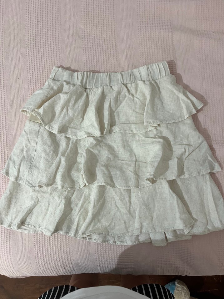 Bej Keten Volanlı Mini Etek - Görsel 2