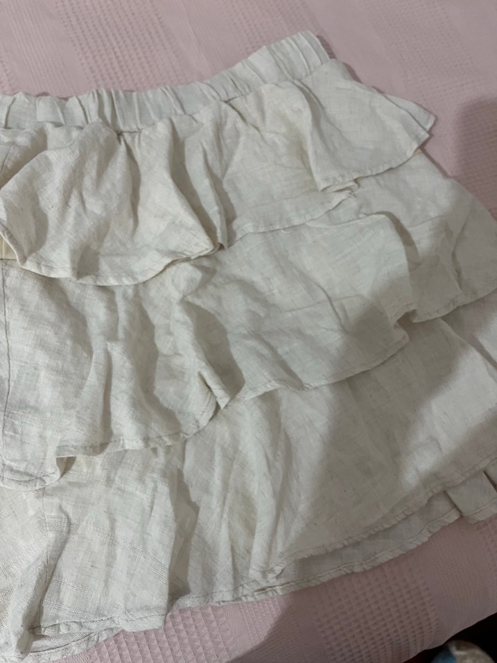 Bej Keten Volanlı Mini Etek - Görsel 3