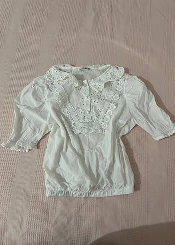 Dantel Detaylı Beyaz Kısa Kollu Keten Bluz - Görsel 4