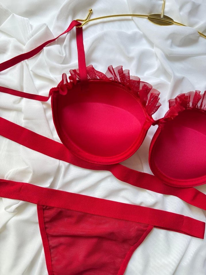 Kırmızı Nakışlı Mini Sütyen Takımı - Görsel 3