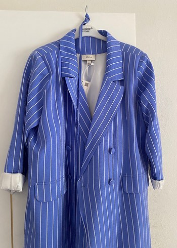 l Beden Mavi Çizgili Uzun Kadın Blazer