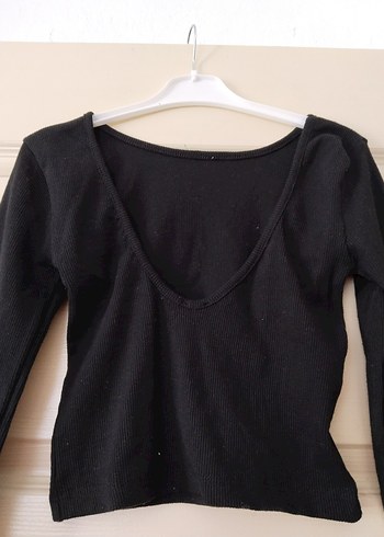 Diğer (arka taraf)V Yaka Siyah Uzun Kollu Crop Top