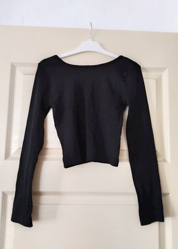(arka taraf)V Yaka Siyah Uzun Kollu Crop Top