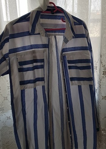 Düğmeli, Çizgili Mavi Uzun Kollu Gömlek, Tunik