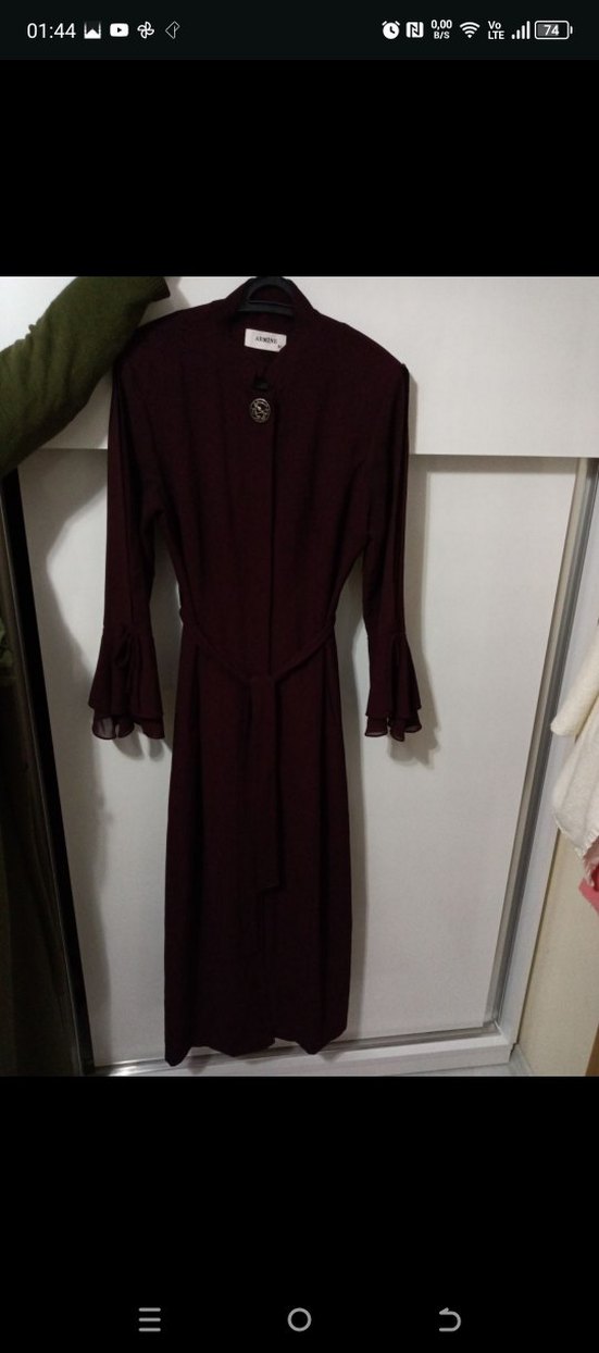 Bordo Uzun Kollu Nakışlı Kadın ferace - Görsel 2