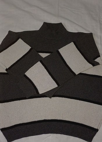 Gri Çizgili Uzun Kollu Örgü Kadın Kazak - Görsel 2