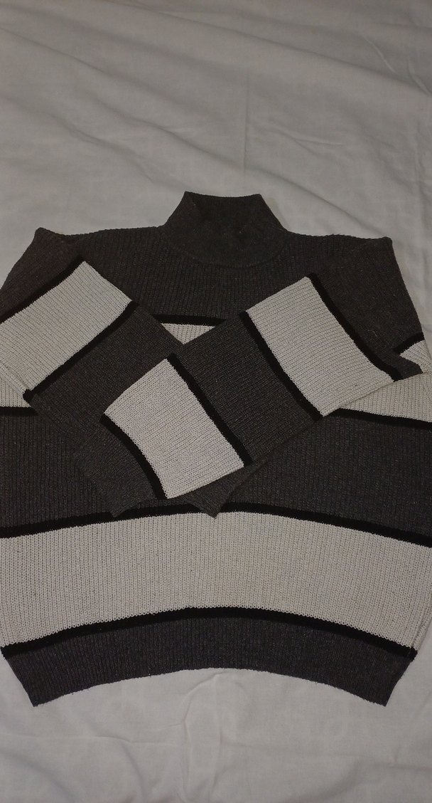 Gri Çizgili Uzun Kollu Örgü Kadın Kazak - Görsel 2