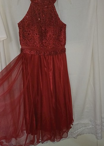 Bordo İşlemeli Midi Abiye Elbise - Görsel 2