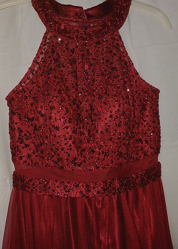 Bordo İşlemeli Midi Abiye Elbise - Görsel 3