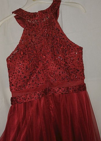 Bordo İşlemeli Midi Abiye Elbise - Görsel 4