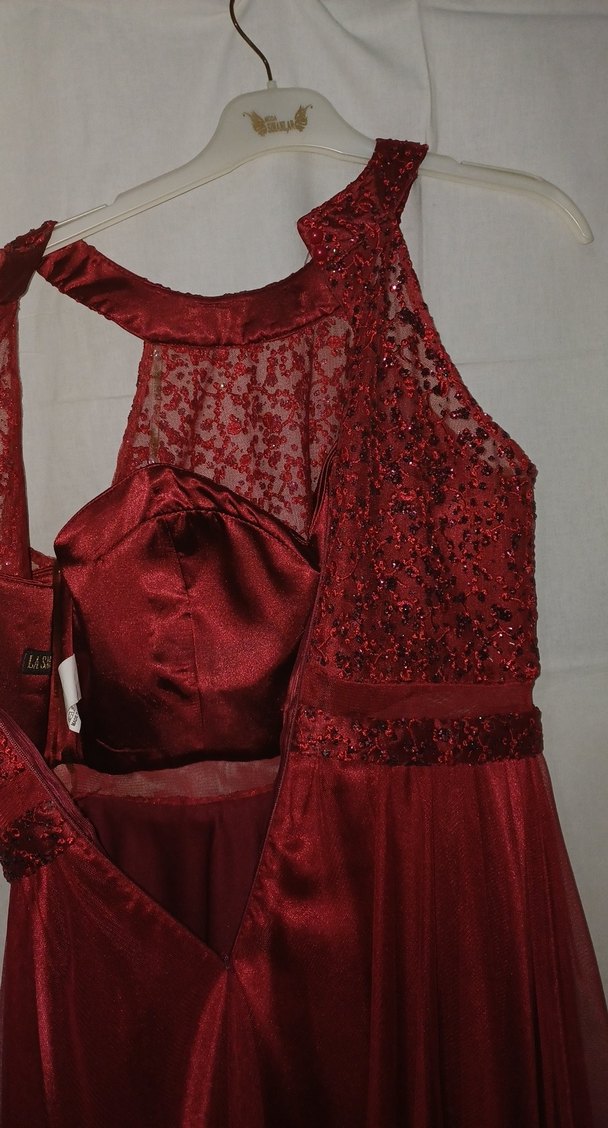 Bordo İşlemeli Midi Abiye Elbise - Görsel 5