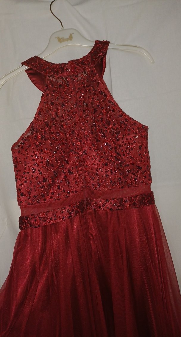 Bordo İşlemeli Midi Abiye Elbise - Görsel 4