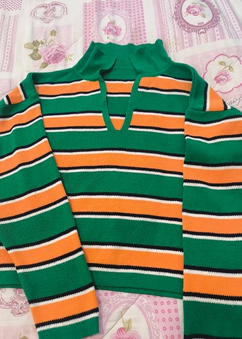 Renkli Çizgili V Yaka Kadın Triko Kazak - Görsel 4