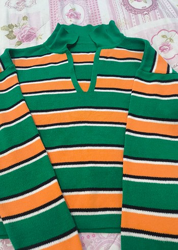 Renkli Çizgili V Yaka Kadın Triko Kazak - Görsel 2