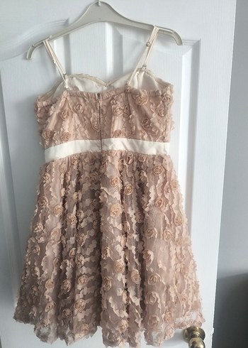 Dantelli Bej Midi Straplez Akşam Elbisesi - Görsel 3