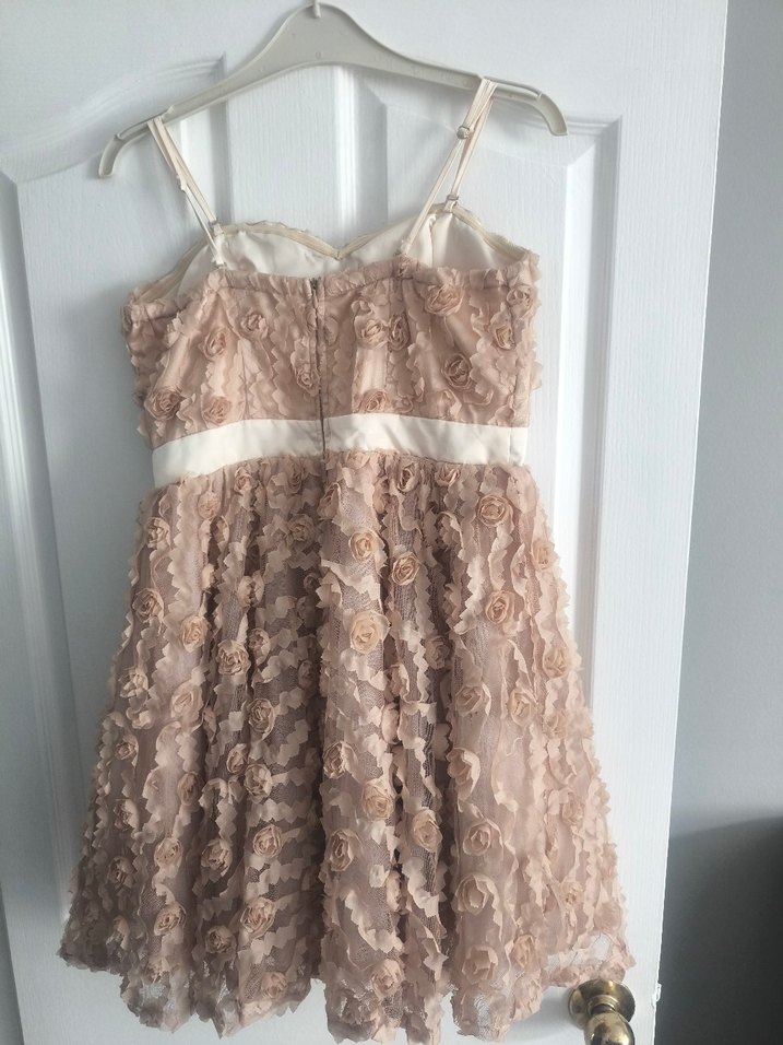 Dantelli Bej Midi Straplez Akşam Elbisesi - Görsel 3