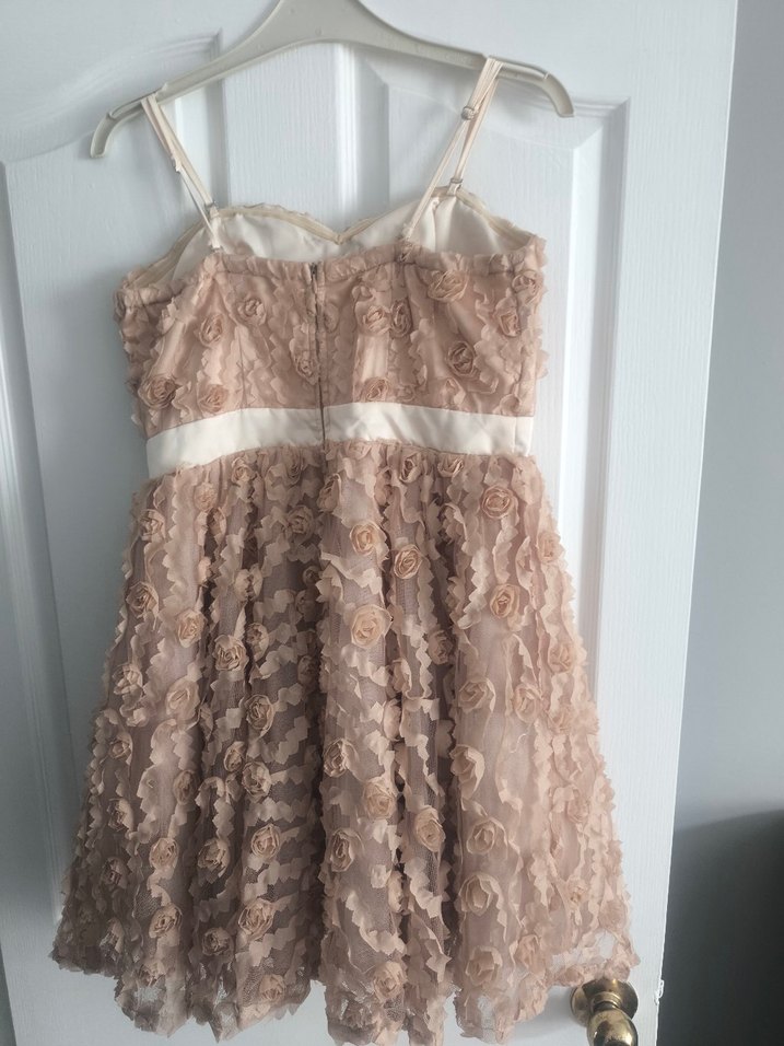 Dantelli Bej Midi Straplez Akşam Elbisesi - Görsel 4