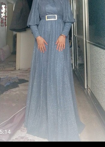 Mavi Uzun Drapeli Kadın Abiye Elbise - Görsel 3