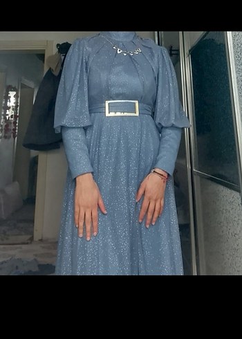 Mavi Uzun Drapeli Kadın Abiye Elbise - Görsel 2