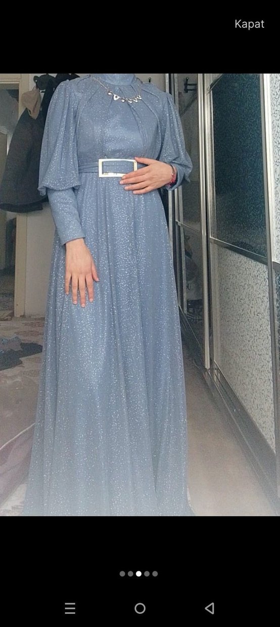 Mavi Uzun Drapeli Kadın Abiye Elbise - Görsel 4