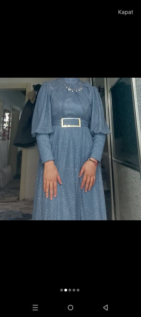 Mavi Uzun Drapeli Kadın Abiye Elbise - Görsel 2