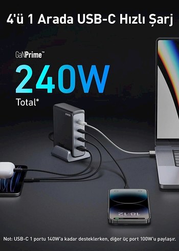 Anker Prime 749 240W 4 Port Gan USB Şarj Cihazı Gri - Görsel 5