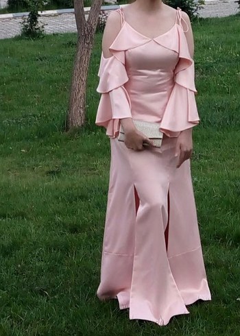 Pembe Uzun Drapeli Straplez Mezuniyet Elbisesi - Görsel 2