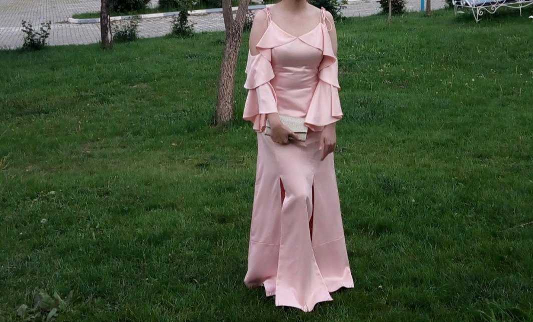 Pembe Uzun Drapeli Straplez Mezuniyet Elbisesi - Görsel 2