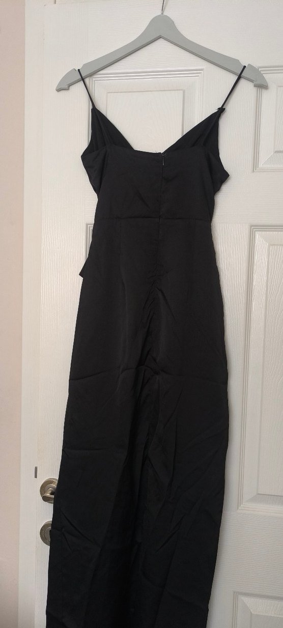 Siyah Drapeli Straplez Uzun Yırtmaclı Elbise saten abiye - Görsel 2