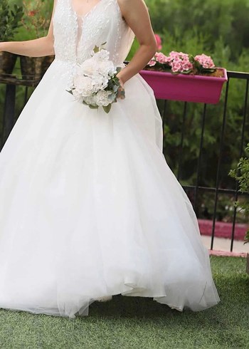 V Yaka İnce Askılı Midi Gelinlik - Görsel 2