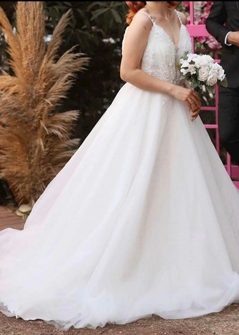 V Yaka İnce Askılı Midi Gelinlik - Görsel 3