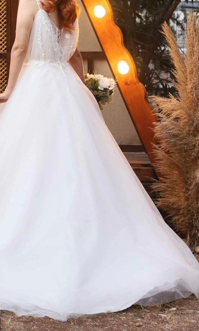 V Yaka İnce Askılı Midi Gelinlik - Görsel 4