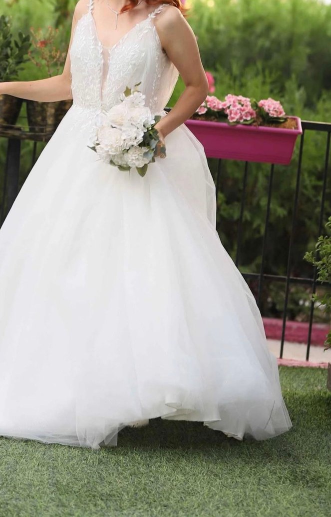 V Yaka İnce Askılı Midi Gelinlik - Görsel 2