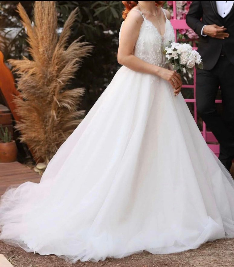 V Yaka İnce Askılı Midi Gelinlik - Görsel 3