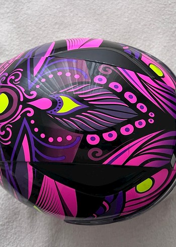 Renkli Baskılı Pembe Biker Motosiklet Kaskı - Görsel 2