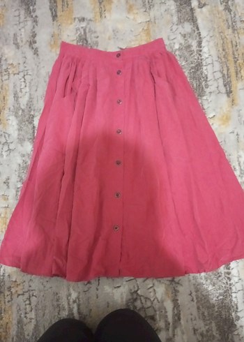 Düğmeli Pembe diz üstü Keten Etek
