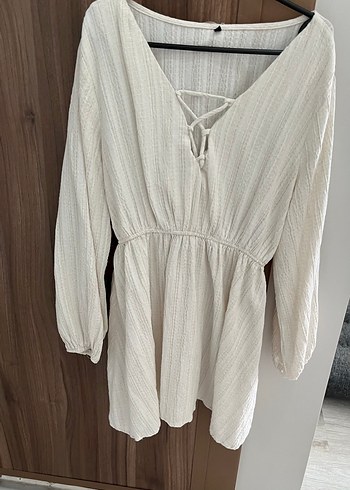 Beyaz V Yaka Keten Mini Elbise - Görsel 2