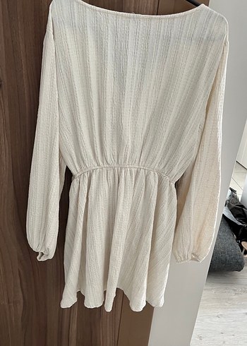 Beyaz V Yaka Keten Mini Elbise - Görsel 3