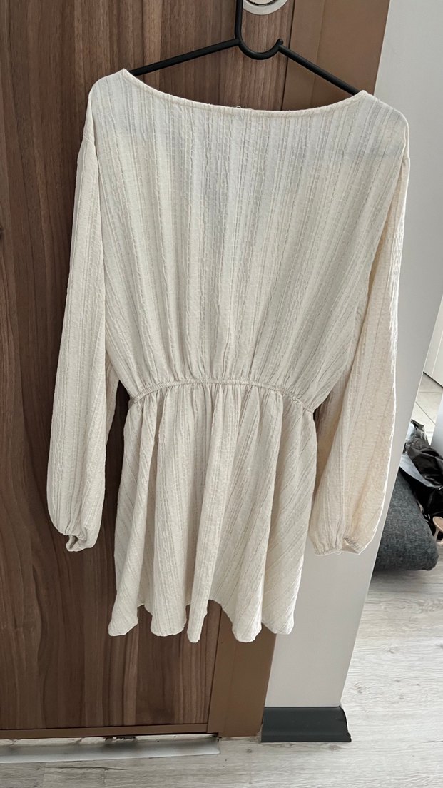 Beyaz V Yaka Keten Mini Elbise - Görsel 3