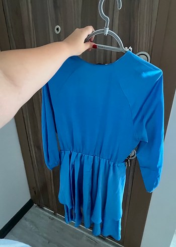 Mavi V Yakalı Mini Bohem Kadın Elbise - Görsel 5