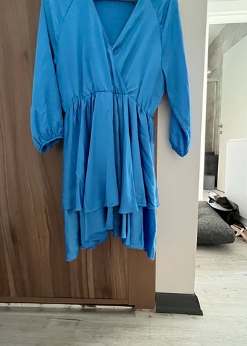 Mavi V Yakalı Mini Bohem Kadın Elbise - Görsel 3