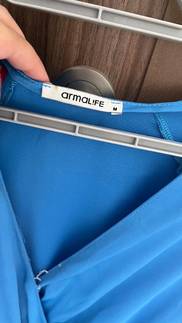 Mavi V Yakalı Mini Bohem Kadın Elbise - Görsel 2