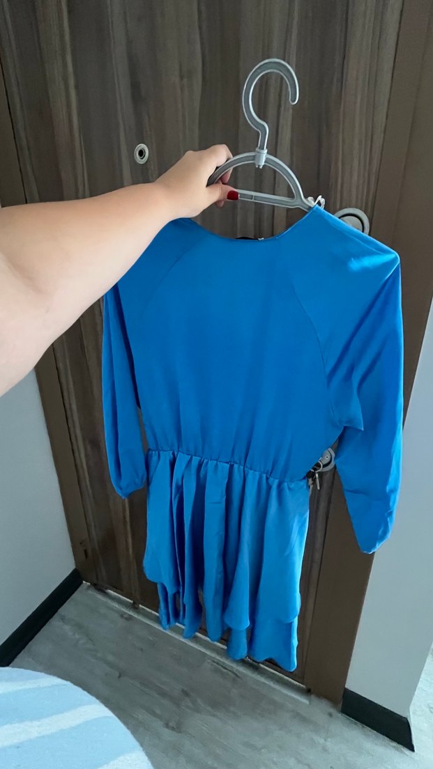 Mavi V Yakalı Mini Bohem Kadın Elbise - Görsel 5