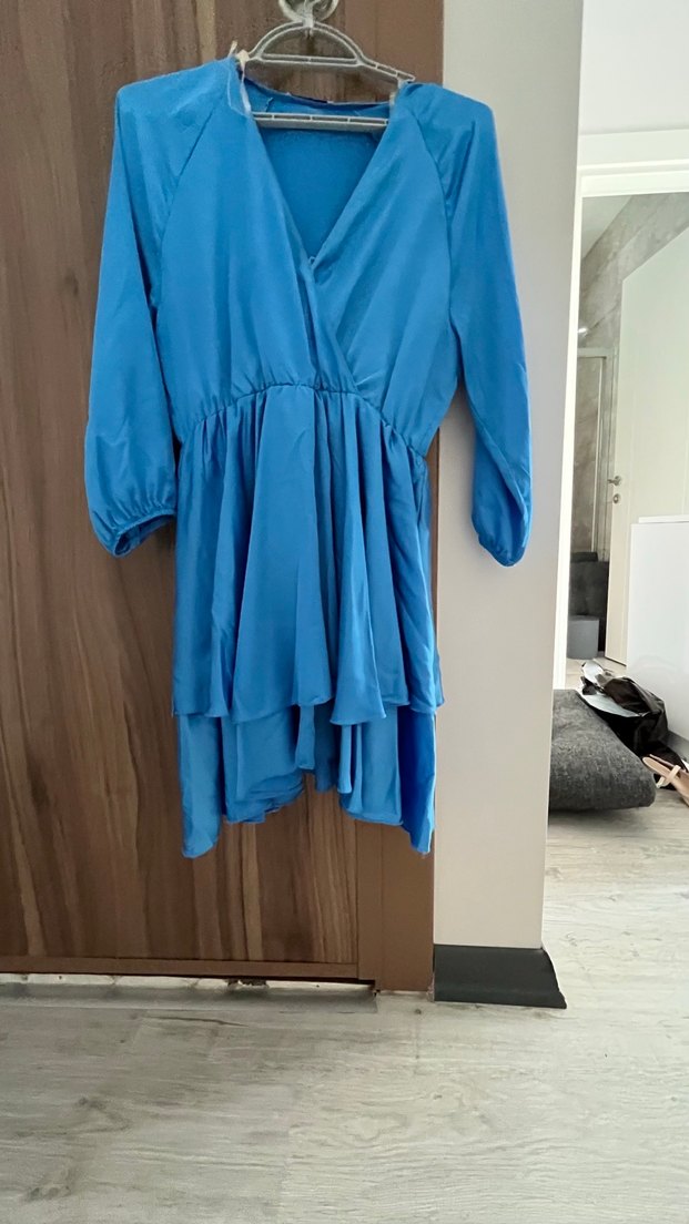 Mavi V Yakalı Mini Bohem Kadın Elbise - Görsel 3