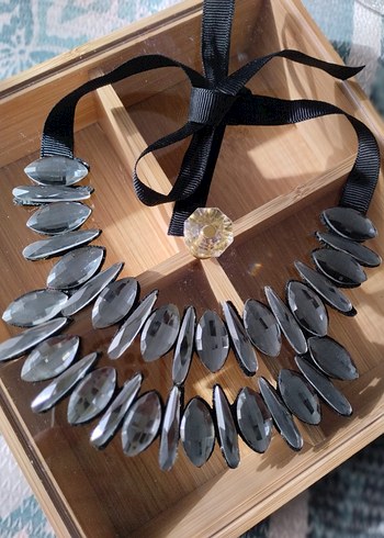 uzun Gri taşlı, kurdeleli kolye - Görsel 2