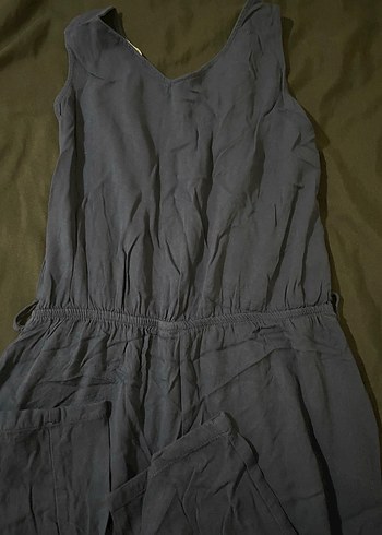 Düğmeli Lacivert Keten Kadın Midi Tulum - Görsel 3