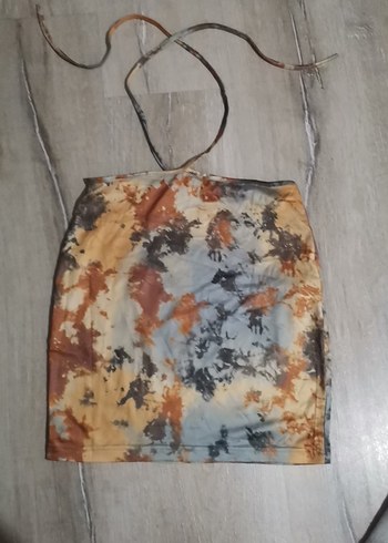 Çok Renkli batik boyun baglamali straplez crop
