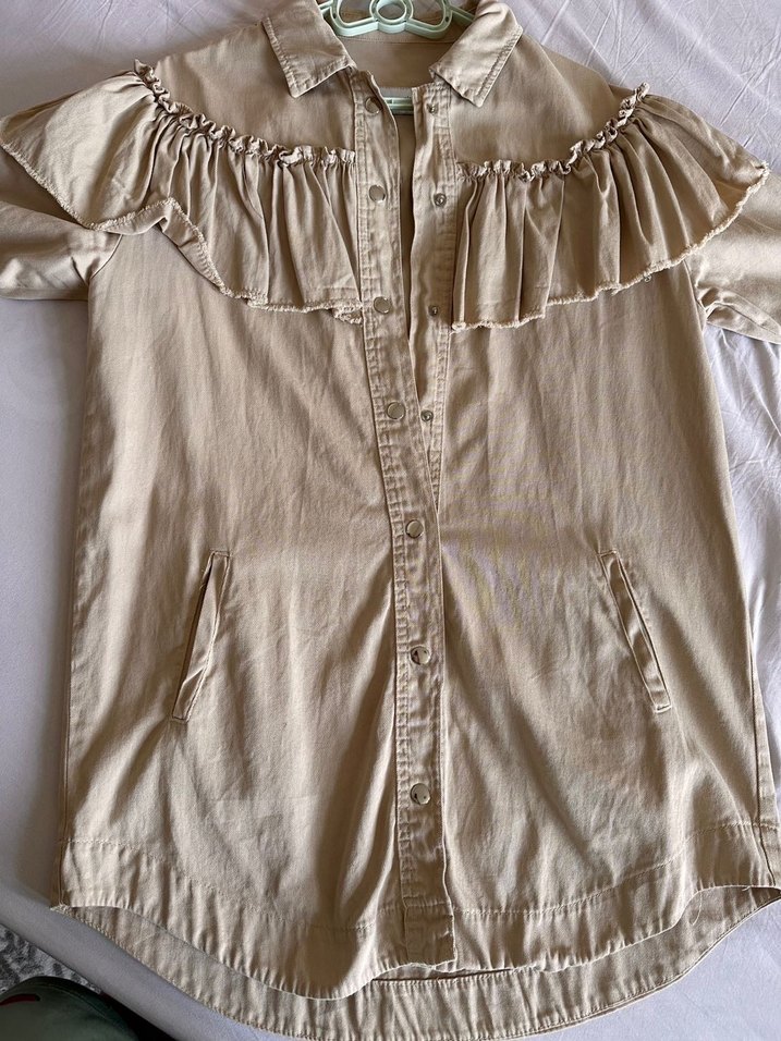 Bej Fırfırlı Uzun Kollu Keten Gömlek - Görsel 2