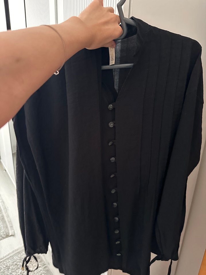 Düğmeli Siyah ikili takım Keten Gömlek - Görsel 5