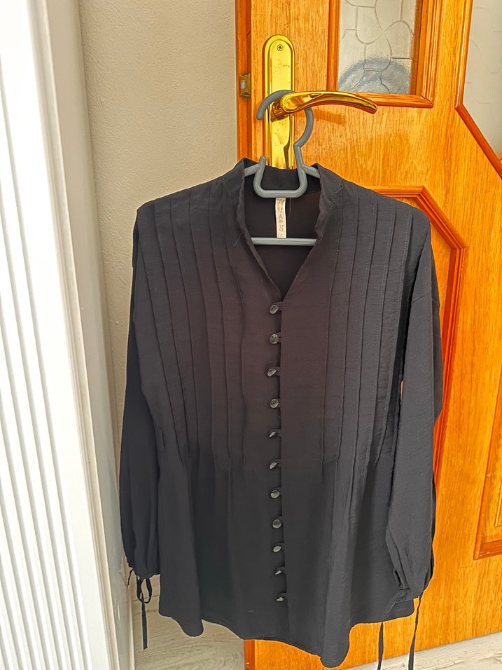 Düğmeli Siyah ikili takım Keten Gömlek - Görsel 4